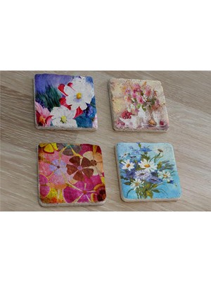 Tablosan Renkli Papatyalar Doğal Taş Bardak Altlığı 4'lü Set - Natural Stone Coasters