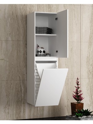 Özceden Çamaşır Sepetli Boy Dolaplı Aynalı Banyo Dolabı Takımı 65+35 cm Seramik Lavabolu Komple Mdf