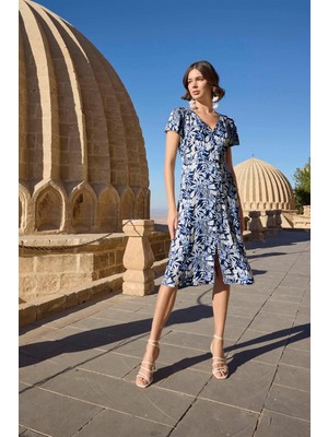 Monamise Yaprak Desenli Kısa Kollu Elbise