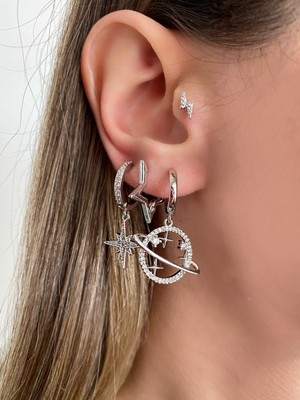 OkkoStore Kadın Silver Rengi Gezegen Charm Detaylı 3’lü Küpe Seti