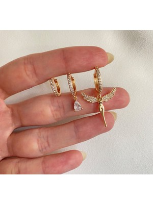OkkoStore Kadın Gold Renkli Melek Detaylı 3'lü Küpe Seti