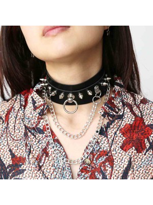 Lanfy Kadın Punk Gotik Yaka Gerdanlık Pu Spike Kolye Zincir Charms Gerdanlık Siyah (Yurt Dışından)