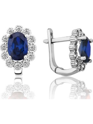 Gumush Gümüş Mavi Çiçek Desenli J Kadın Küpe