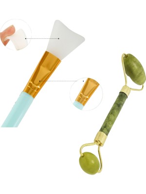 Buffer 2'li Silikon Cilt Bakımı Krem Spatulası ve Doğal Yeşim Taşı Jade Roller Çift Taraflı Yüz Masaj Aleti