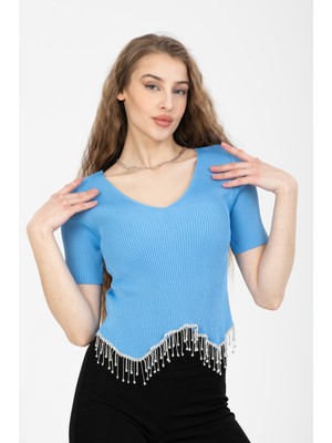 Paradice Kadın Beli Zincir ve Taş Detaylı Kısa Kol Crop Bluz Mavi