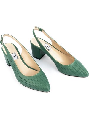 Emel Ayakkabı Modern Lazerli Tarz Rahat Topuklu Arka Açık Ayakkabı Yeşil
