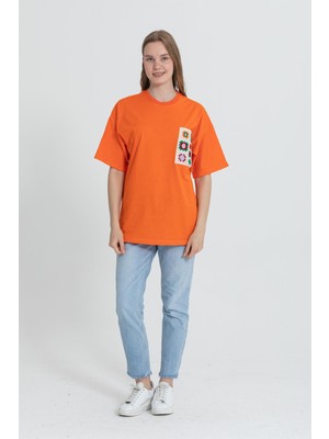 Rocqerx R-5731 Bisiklet Yaka Cep Dantel Detaylı Oversize T-Shirt