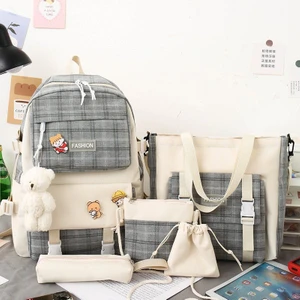 Shun Shop Büyük Kapasiteli Kampüs Sırt Çantası 5 Parçalı Set Kızlar Büyük Kapasiteli Öğrenci Ekose Tarzı Sırt Çantası Okul Çantası (Yurt Dışından)