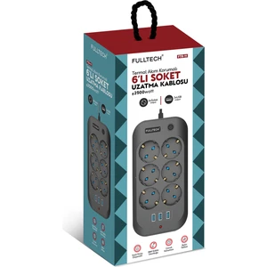 Termal Akım Korumalı 6'lı Uzatma Kablosu 3x USB 2 mt 10 Amper