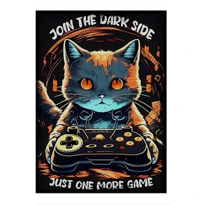 Sevimli Gamer Kedi Desenli Ahşap Tablo 50CMX 70CM