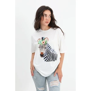 Vapur Tekstil T-Shirt Bisiklet Yaka Zebra Desenli - Ekru