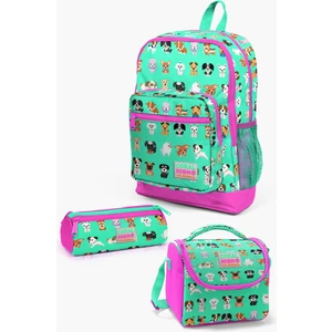 Coral High Kids Su Yeşili Neon Pembe Köpek Desenli 3’lü Okul Çanta Seti SET0123465