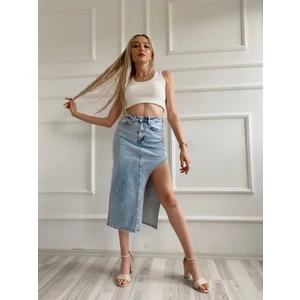 Key Moda Kadın Taşlı Yırtmaç Detaylı Kot Etek Mavi
