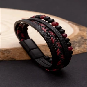 Osmanlı Gümüş Erkek Bileklik - Erkek Deri Bileklik - Erkek Boncuk Bileklik - Deri ve Boncuk Kombin Bileklik