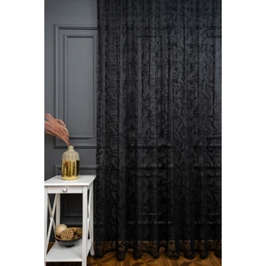 Klasik Şal Desen Siyah Renk Desen Tasarım 2 Kat Pileli Tül Perde