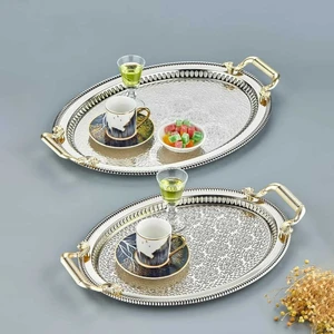 3168 Oval Kahve Çay Sunumluk Tepsi Takımı - Paslanmaz Çelik 2 Li Dekoratif Tepsi Seti