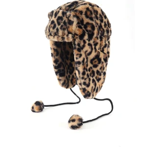 Suni Kürk Peluş Kulaklı Ponpon Detaylı Şapka - Leopar