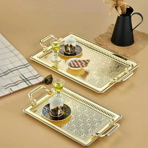 3171 Dikdörtgen Gold Kahve Çay Sunumluk Tepsi Takımı Paslanmaz Çelik 2li Dekoratif Tepsi Seti