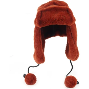 Suni Kürk Peluş Kulaklı Ponpon Detaylı Şapka - Taba