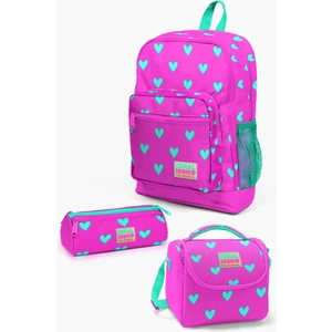 Coral High Kids Neon Pembe Su Yeşili Kalp Desenli 3’lü Okul Çanta Seti SET0123113