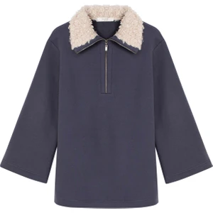 Touche Prive Kadın Kürklü Yakası Düz Renk Sweatshirt Truvakar Kol ile Şık Tasarım