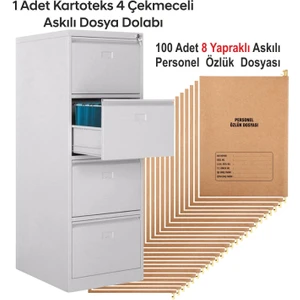 1 Adet Dört Çekmeceli Kartoteks Dosya Dolabı 100 Adet 8 Sayfalı Askılı Personel Özlük Dosyası Kampanyalı