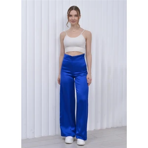 Kadın Yüksek Bel Saten Palazzo Pantolon Saks