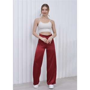 Kadın Yüksek Bel Saten Palazzo Pantolon Bordo
