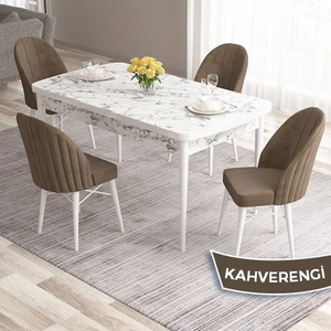 Concept Ves Serisi 80X132 Mdf Açılabilir Beyaz Mermer Desen Mutfak Masası Takımı 4 Sandalye