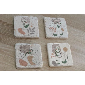 Line Art Heykel Portre Doğal Taş Bardak Altlığı 4'lü Set - Natural Stone Coasters