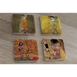 Gustav Klimt Kiss (Öpücük) ve Eserleri Doğal Taş Bardak Altlığı 4'lü Set - Natural Stone Coasters