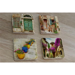 Ahşap Kapılar Vazoda Çiçekler ve Begonviller Doğal Taş Bardak Altlığı 4'lü Set - Natural Stone Coasters