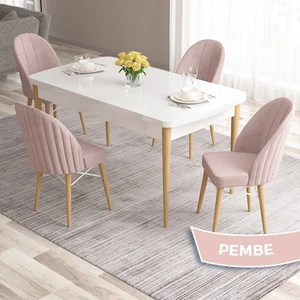 Concept Ves Serisi 80X132 Mdf Beyaz Mutfak Masa Takımı Doğal Ahşap Ayak Beyaz Kafes 4 Sandalye