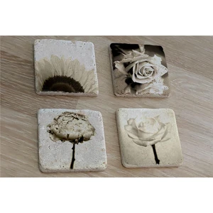 Siyah Beyaz Çiçekler Doğal Taş Bardak Altlığı 4'lü Set - Natural Stone Coasters