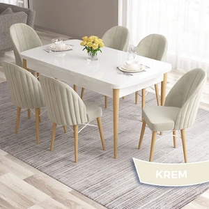 Concept Ves Serisi 80X132 Mdf Beyaz Mutfak Masa Takımı Doğal Ahşap Ayak Beyaz Kafes 6 Sandalye