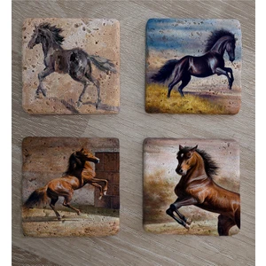 Şaha Kalkmış Atlar Doğal Taş Bardak Altlığı 4'lü Set - Natural Stone Coasters