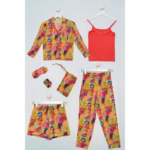 For You Kids 7'li  Biyeli Tropikal Desen Turuncu Pijama Takımı S27744