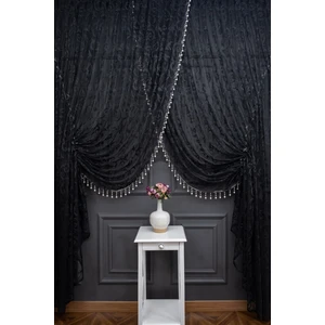 Siyah Şal Tasarım Boncuklu Kruvaze Perde  Yanki Tül Tiyatro Model Perde