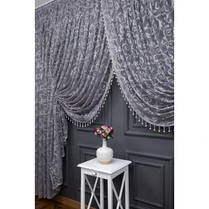 Gri  Şal Tasarım Boncuklu Kruvaze Perde  Yanki Tül Tiyatro Model Perde