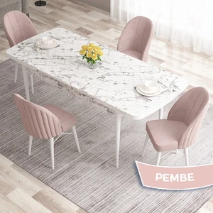 Concept Ves Serisi 80X132 Mdf Açılabilir Beyaz Mermer Desen Mutfak Masası Takımı 4 Sandalye