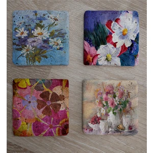 Renkli Papatyalar Doğal Taş Bardak Altlığı 4'lü Set - Natural Stone Coasters