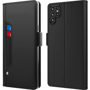 Samsung Galaxy S22 Ultra 5g Pu Deri Akıllı Telefon Kılıf Kartı Tutucu Stand Çift Manyetik Toka Anti-Drop Koruyucu Cep Telefonu Kapak Makyaj Aynalı (Yurt Dışından)