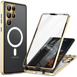 Samsung Galaxy S22 Ultra 5g Telefon Kılıfı Mat Pc+ Metal+ Çift Taraflı Temperli Cam Manyetik Kapak (Yurt Dışından)