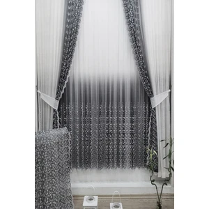 Gri Antrasit Renk  Sağ Sol Kanat  Fon ve Iç Tül Takım Kombin  Papatyalı Degrade Tül Perde