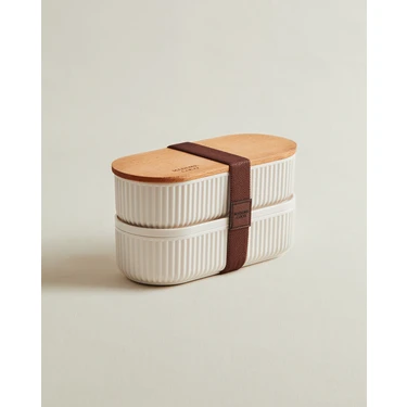 Madame Coco Magou 2'li Ahşap Kapaklı Lunch Box - Soft Ekru - 500x2