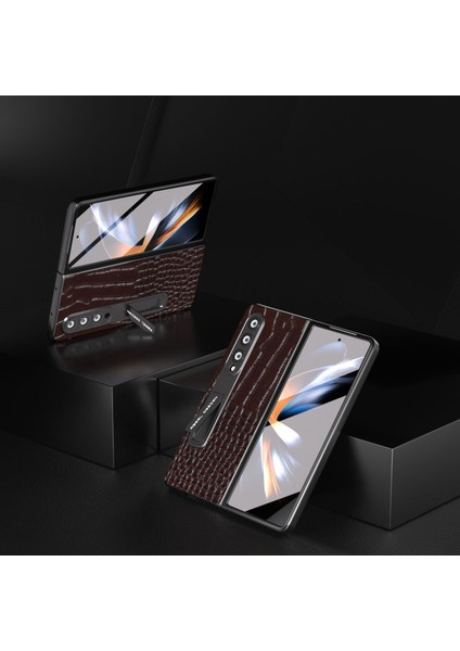 Samsung Galaxy Z Fold4 5g Kickstand Case Inek Deri+Pc Timsah Doku Telefon Kapağı Ekran Film ile (Yurt Dışından)