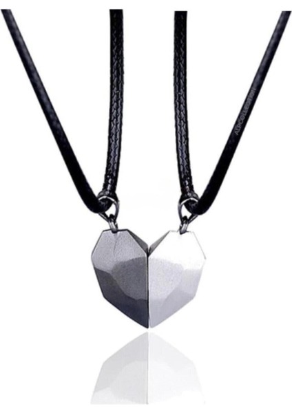 Gri Siyah Iki Adet Mıknatıslı Çift Kalp Sevgili Metal Kolye Takı