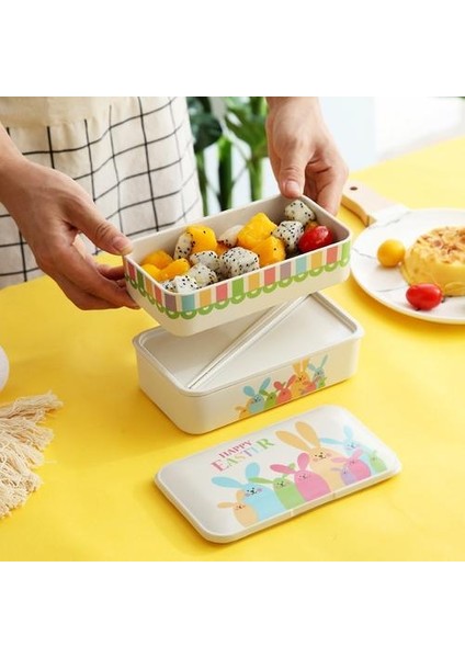1000 ml Çift Katmanlı Bambu Elyaf Çocuk Bento Kutusu Okul Ofis Seyahat Yürüyüş Kamp Öğle Yemeği Kutusu Sızdırmaz Gıda Konteyner | Öğle Yemeği Kutuları (Tavşan) (Yurt Dışından)