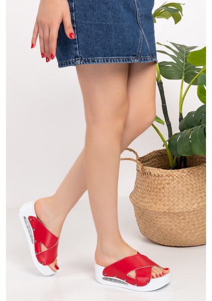 Kırmızı Renk Açık Çapraz Airmax Ortopedik Kadın Sabo Terlik 01