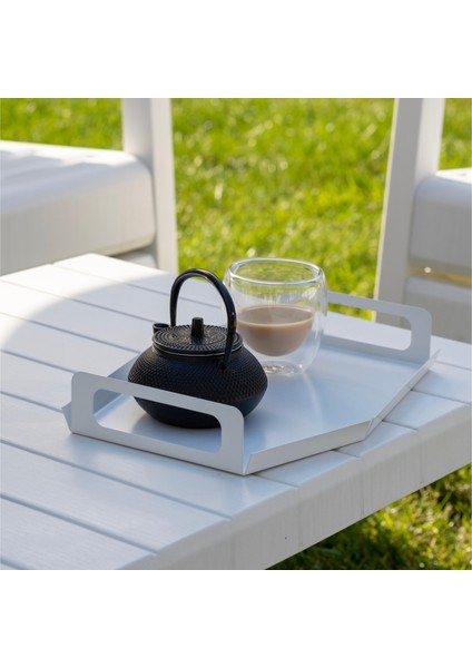 Beyaz Metal Çay & Kahve Tepsisi - Dekoratif Sunum Tepsisi - Moderna Large